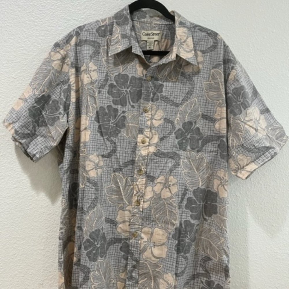 1990's Cotton Cooke Street Aloha Shirt - Grey with Flower Hawaiian Print